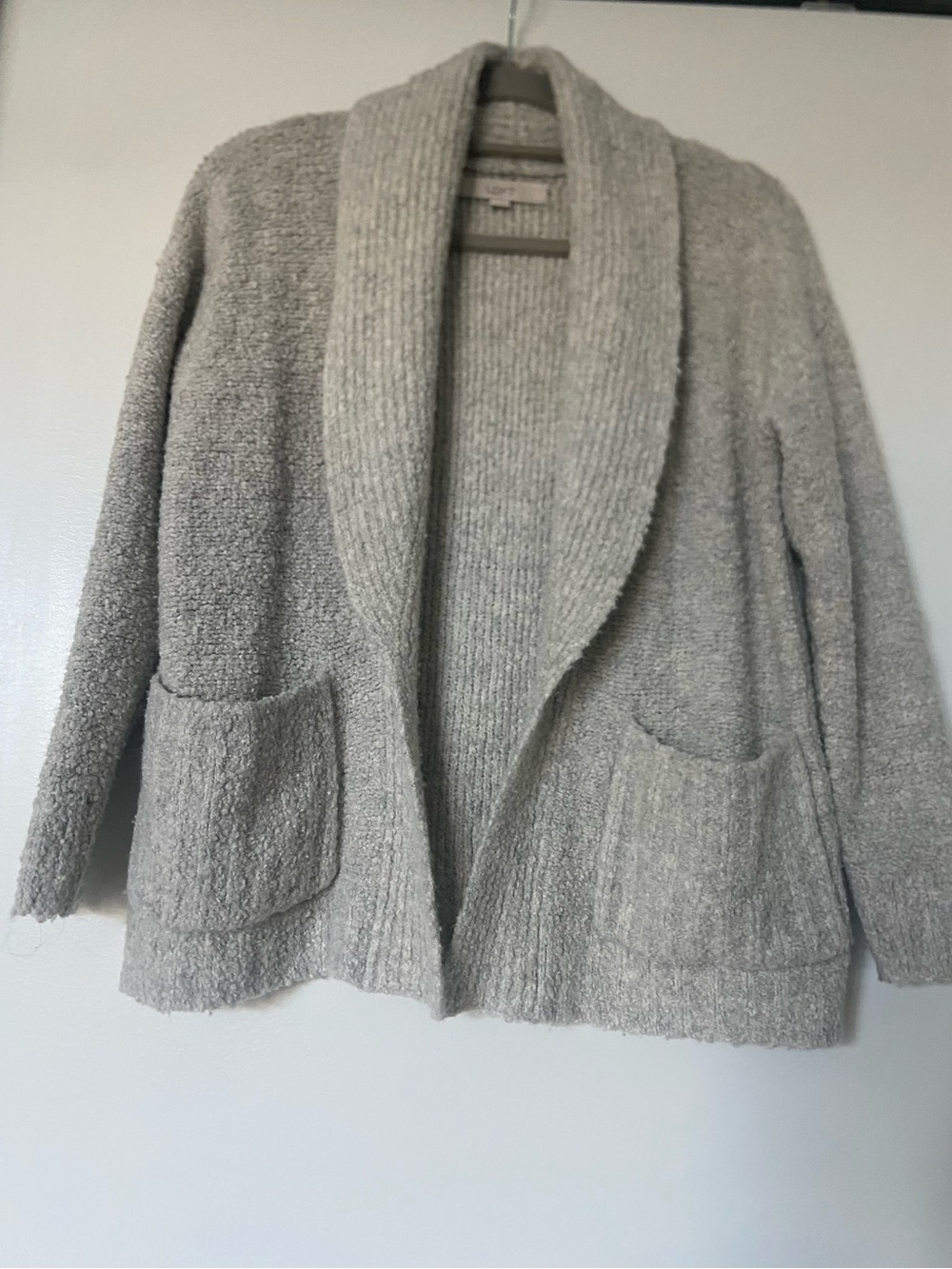 LOFT Cozy Shawl Collar Open-Front Women’s Boucle Sweater Cardigan 
Light Gray